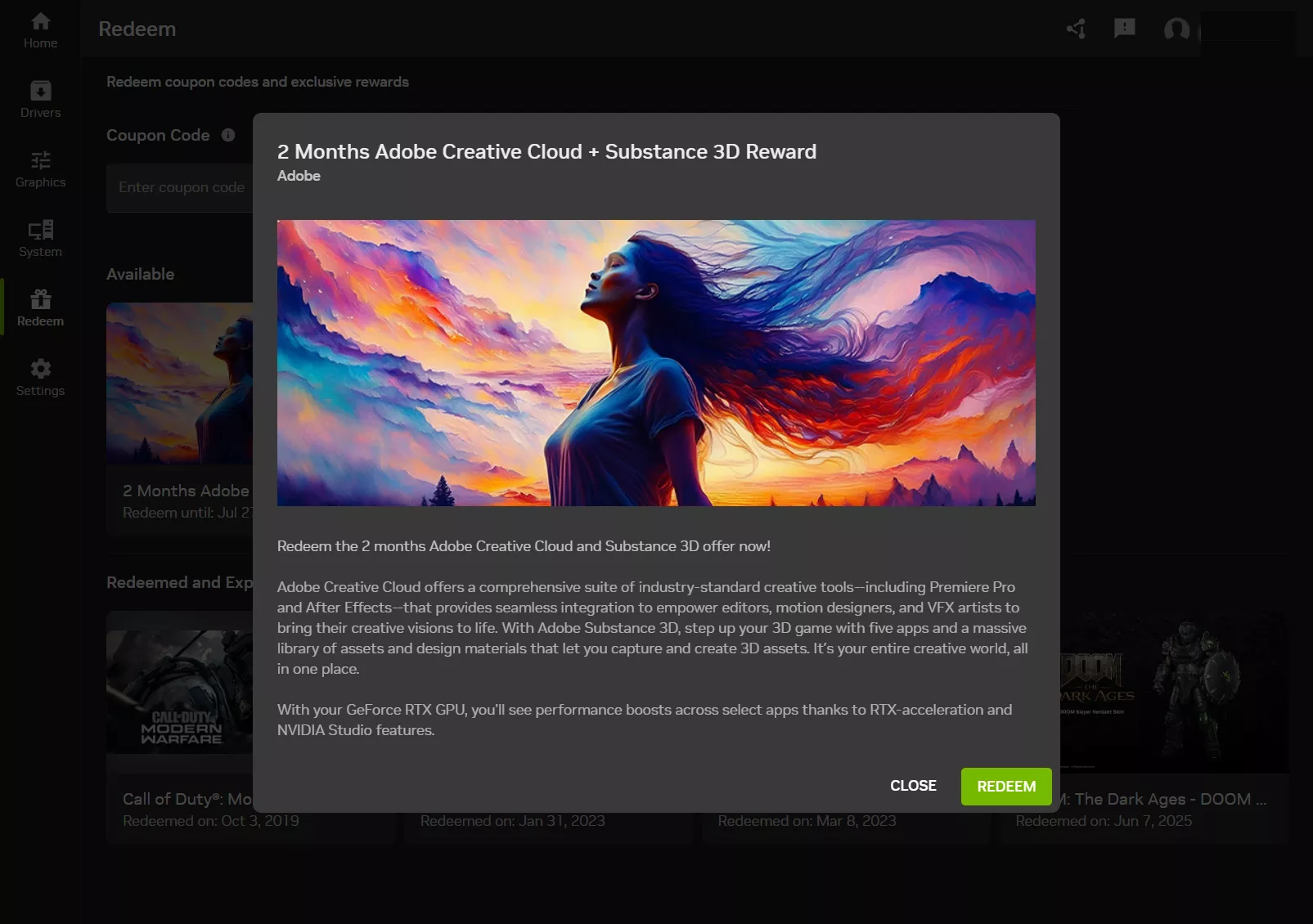 Интерфейс приложения Nvidia App для настройки графики и драйверов