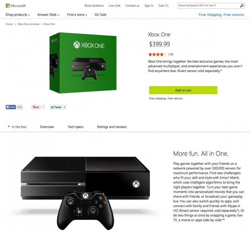 Microsoft is now selling the Xbox One sans Kinect for $399