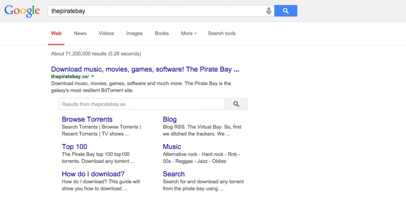Google offers a custom search box with autocomplete for The Pirate Bay