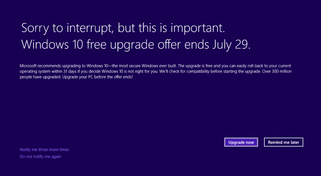 Microsoft deploys full screen Windows 10 upgrade nag