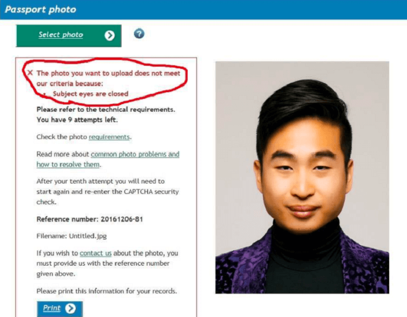 Facial recognition software rejects Asian man's passport photo because it thinks his eyes are closed