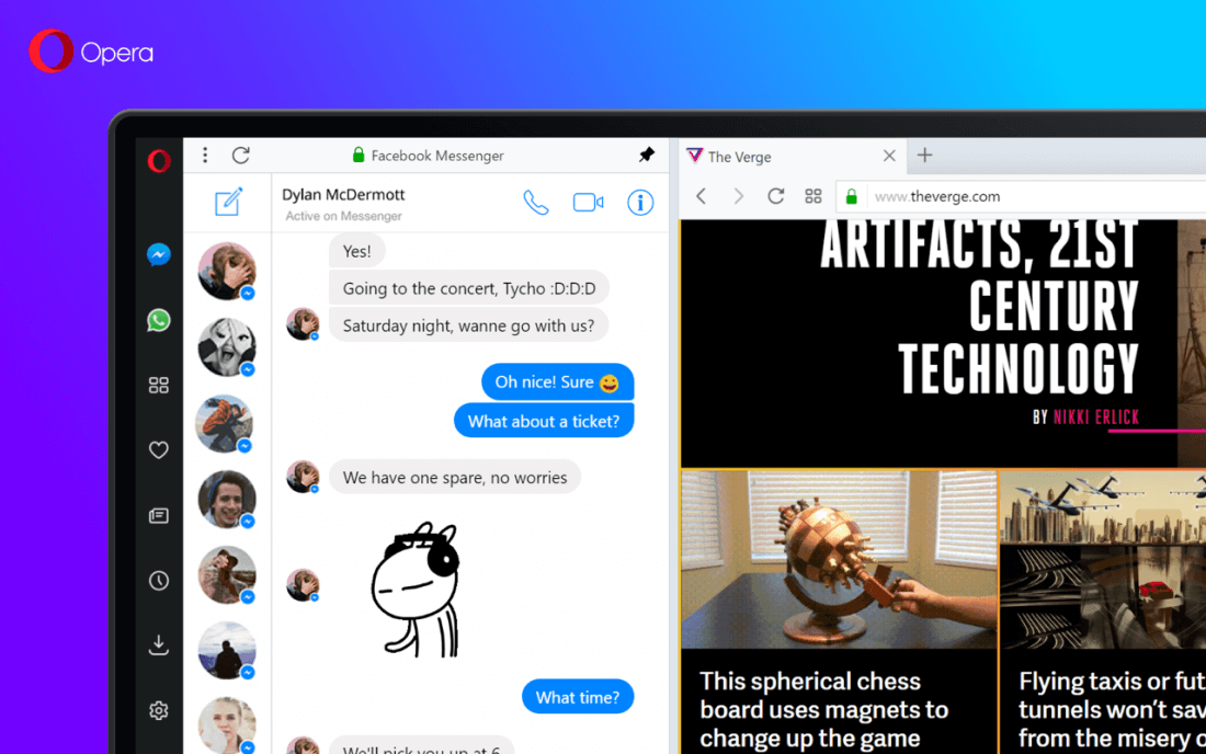 Opera's latest browser adds built-in Messenger, WhatsApp, and Telegram access