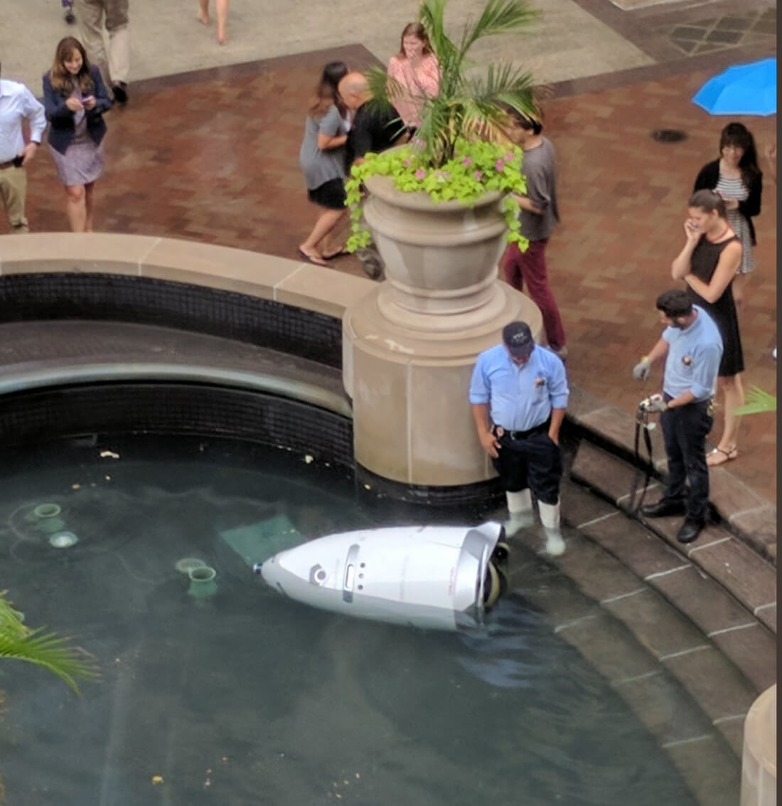Sad robot takes dip in a fountain