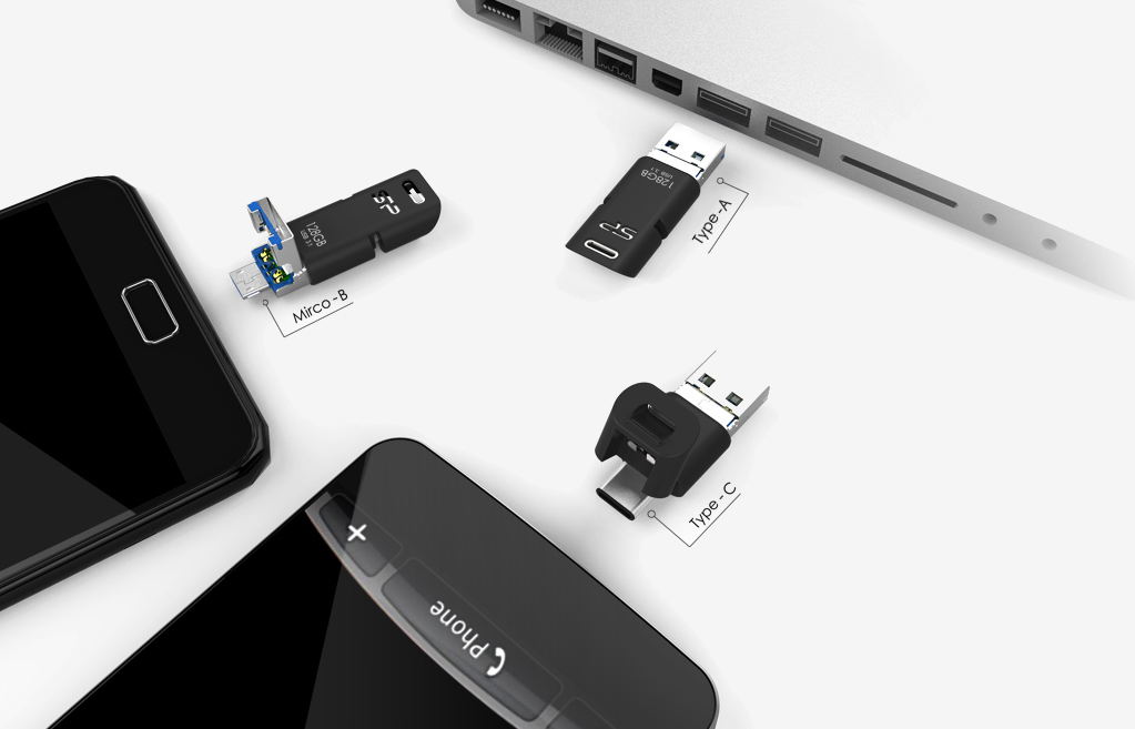This versatile 3-in-1 flash drive offers USB Type-A, Micro-B and Type-C connectors