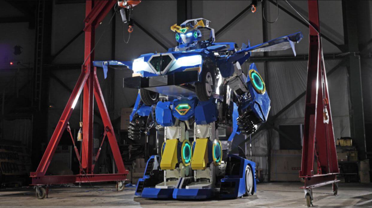 Humanoid robot carries two passengers and turns into sports car