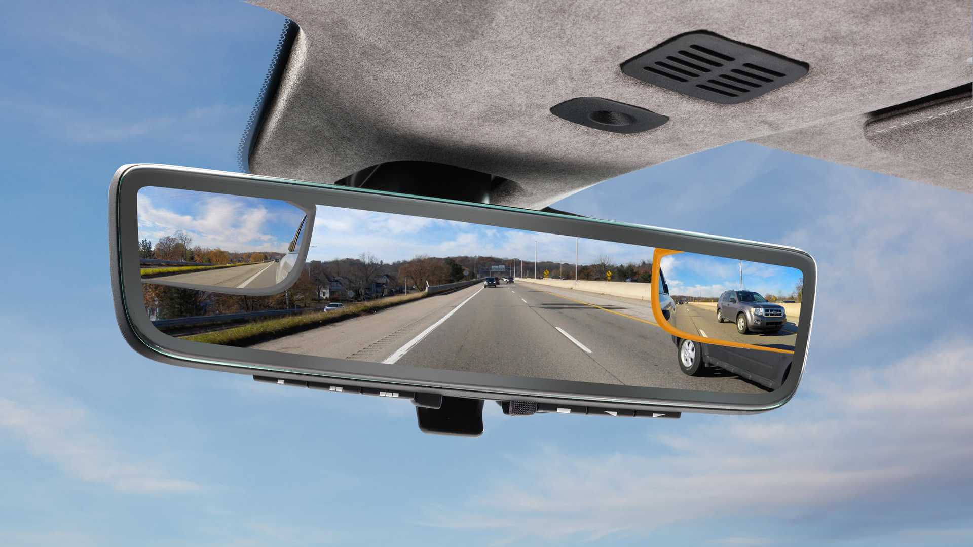 Aston Martin's new camera system splits the rear-view mirror into three screens