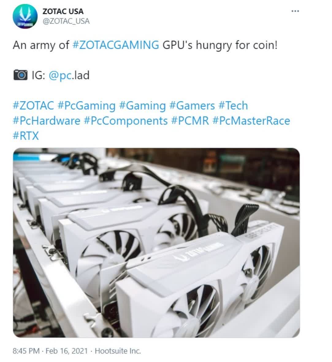 Zotac Enrages Gamers With Tweet Celebrating Crypto Mining Techspot Forums