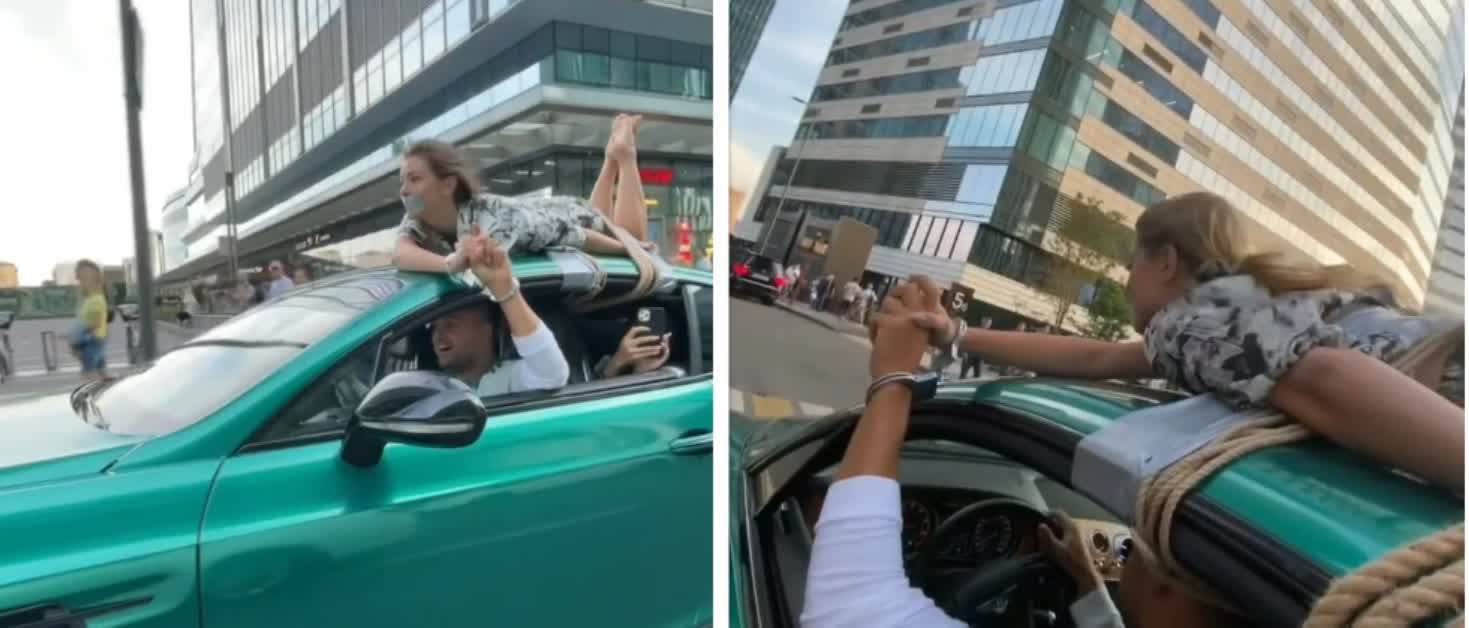 Russian influencer under investigation for driving a Bentley with his girlfriend tied to the roof