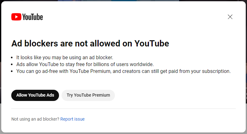 YouTube now warns users that ad blockers aren&#8217;t allowed
