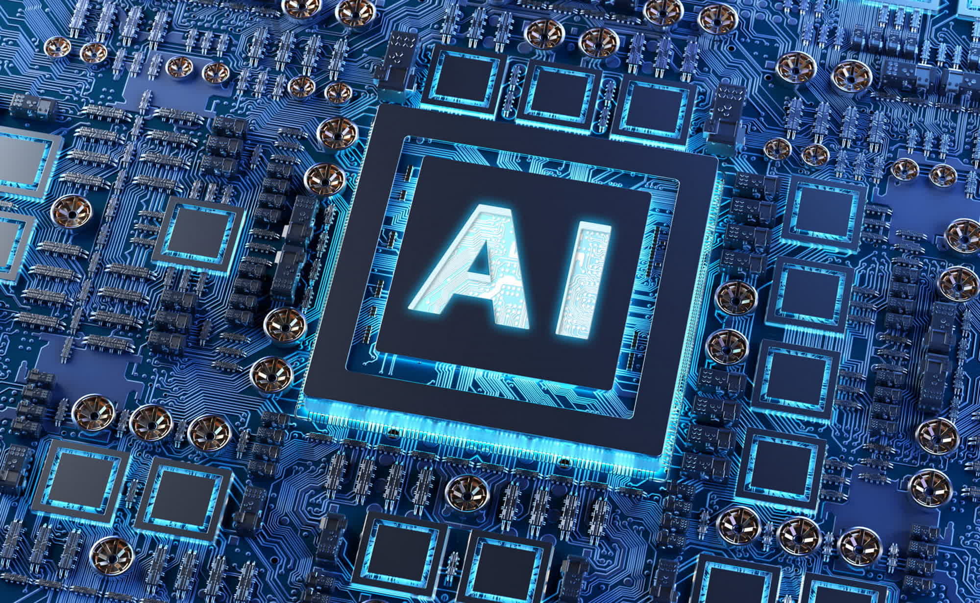  A conceptual image of an AI chip with the word 'AI' glowing in the center, illustrating the search query 'AMD AI chips export control China'.