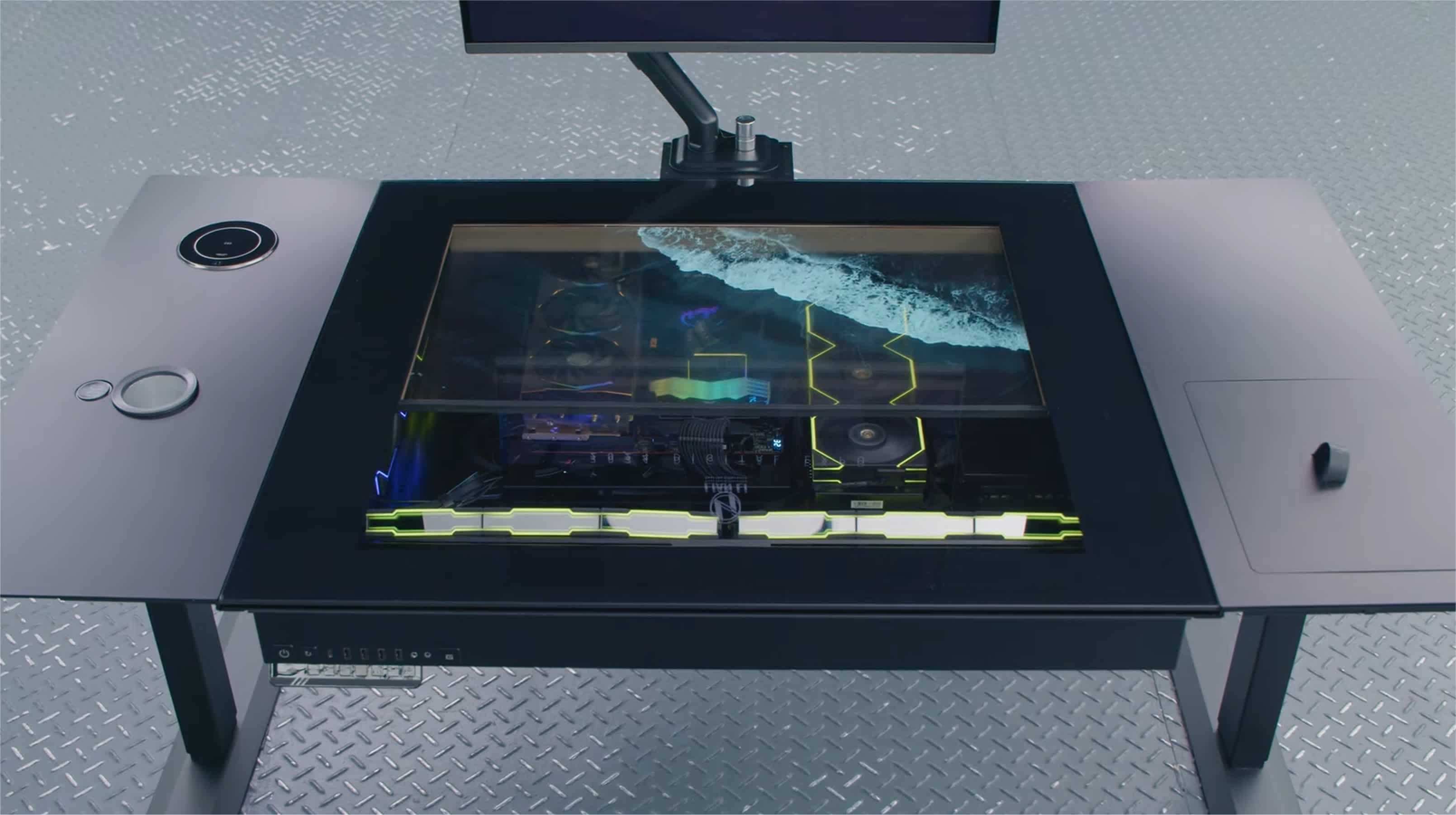 Lian Li's prototype gaming desk features a built-in transparent OLED screen