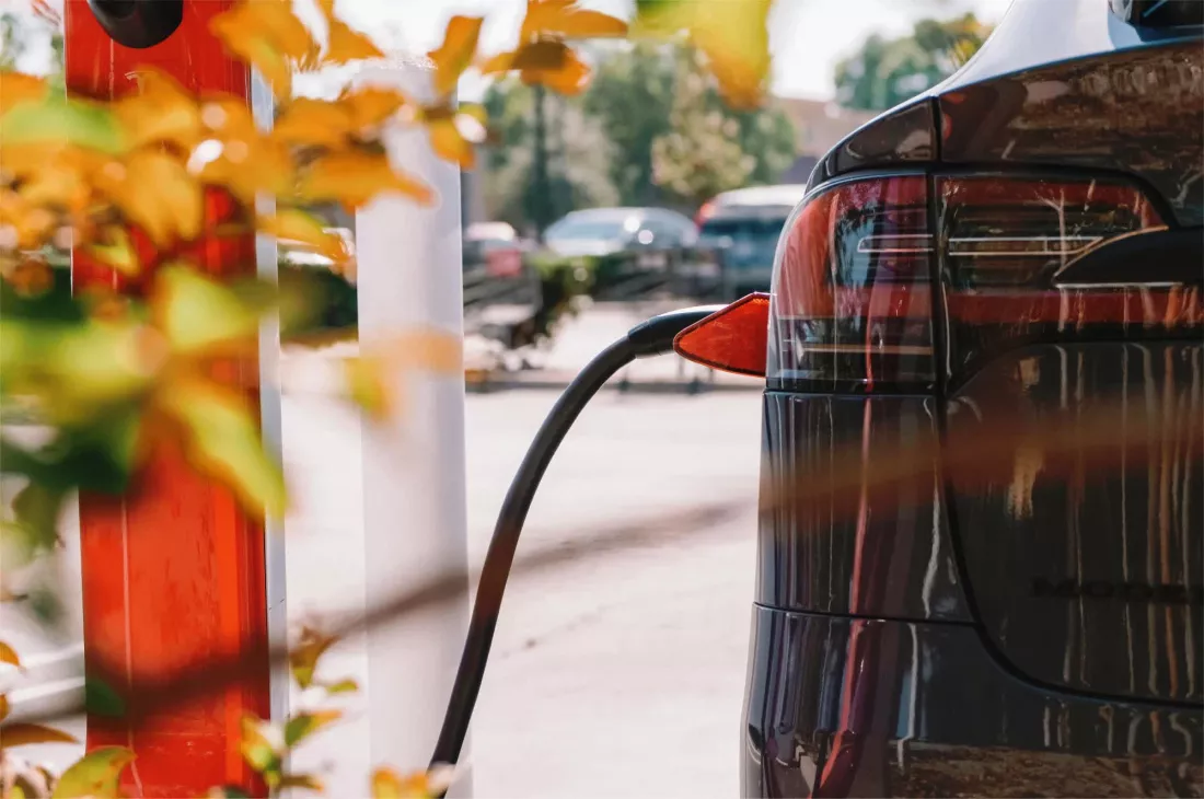 Coche eléctrico Tesla cargándose en una estación Supercharger, con el cable de carga conectado a la parte trasera del vehículo. La imagen está parcialmente obstruida por hojas de un árbol en primer plano, y se pueden ver otros coches estacionados al fondo.