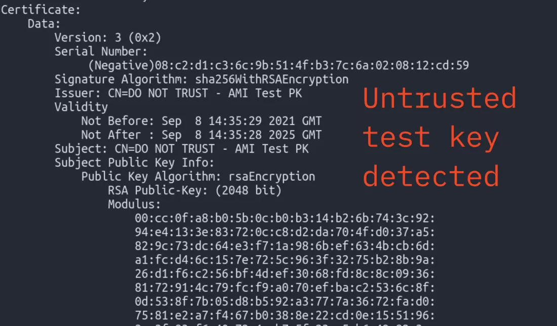 La imagen muestra una pantalla de terminal con un certificado digital detallado, destacando la detección de una "clave de prueba no confiable" en letras rojas.