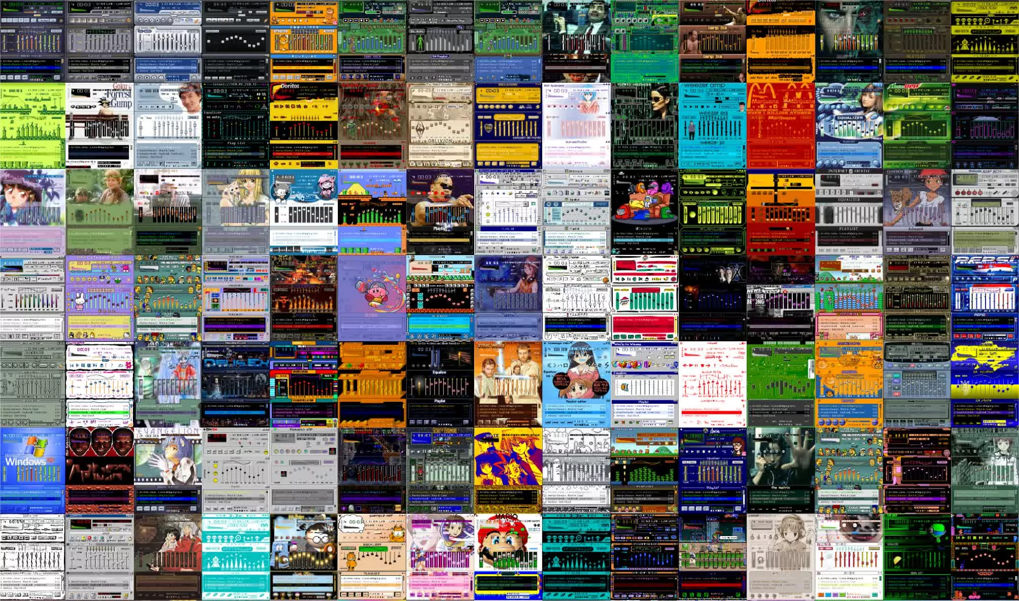 Una colección de varias skins de Winamp organizadas en un mosaico. Las skins presentan una amplia variedad de diseños, colores y temáticas, incluyendo gráficos de animes, videojuegos, películas y diseños abstractos.