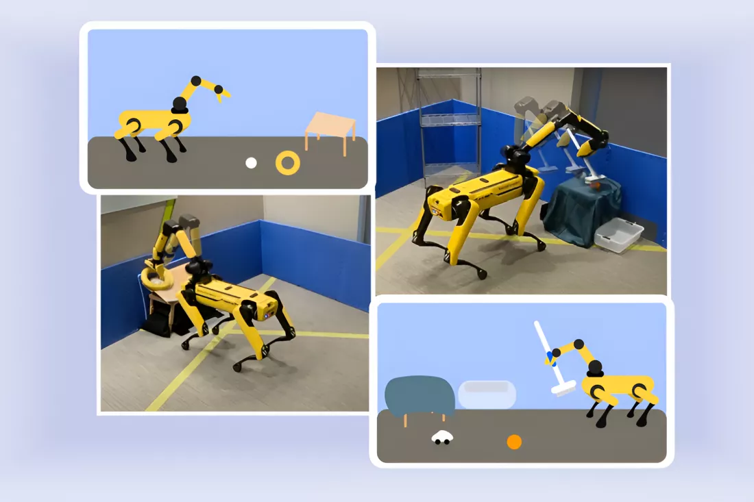La imagen muestra cuatro escenas diferentes del robot cuadrúpedo Spot de Boston Dynamics practicando tareas con la ayuda del algoritmo EES. En la escena superior izquierda, Spot intenta colocar una pelota y un anillo en una mesa inclinada. En la escena inferior derecha, el robot practica la tarea de barrer juguetes hacia un contenedor. A la izquierda, se observa a Spot realizando acciones similares en un entorno de laboratorio, con paredes azules que delimitan el espacio de práctica. Estas escenas ilustran cómo el robot utiliza el nuevo algoritmo para mejorar sus habilidades a través de la práctica autónoma.