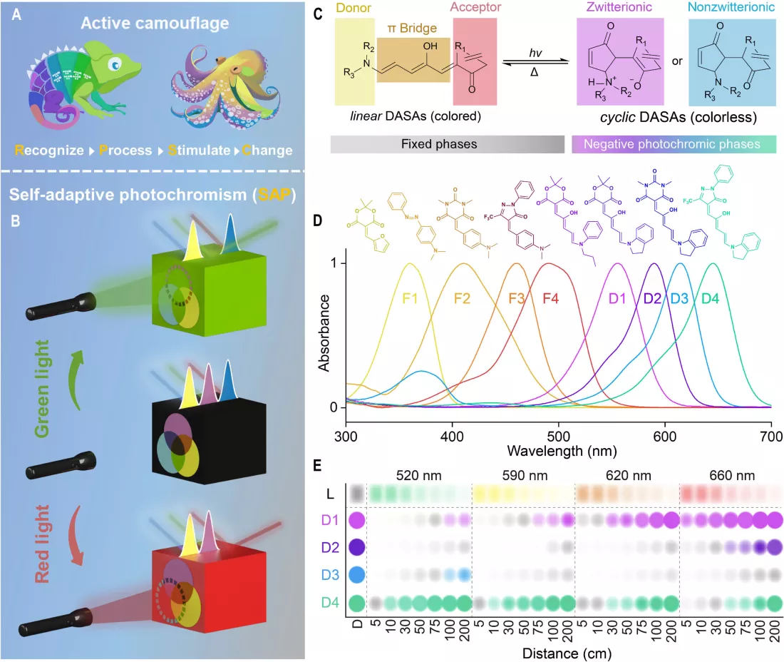 Esquema científico que ilustra el camuflaje activo y la fotoquímica auto-adaptativa (SAP), con gráficos de absorción espectral y fórmulas químicas relacionadas con moléculas DASAs, mostrando su respuesta a diferentes longitudes de onda de luz.