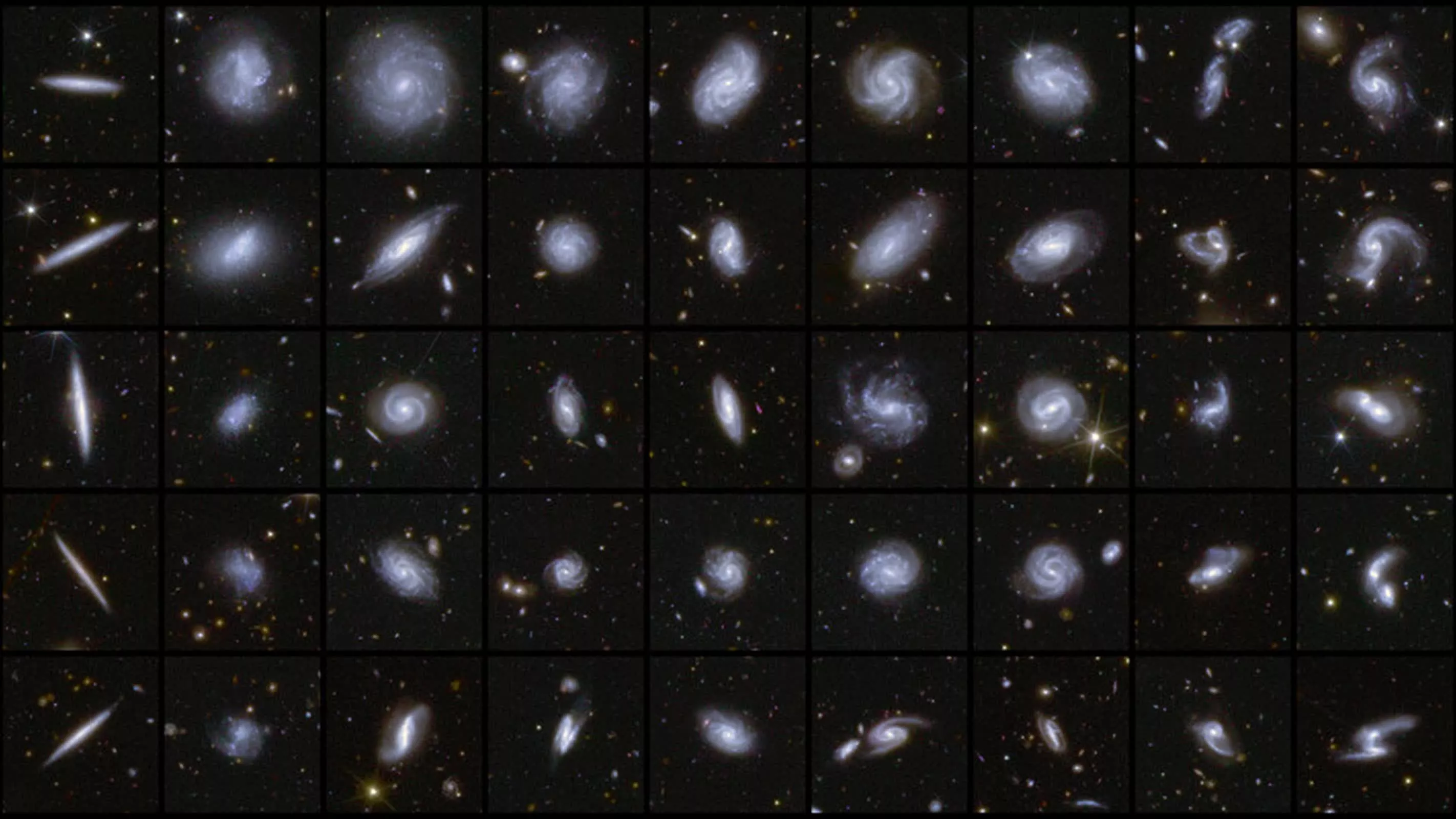 Mosaico de imágenes capturadas por un telescopio espacial que muestra diversas galaxias con formas espirales, elípticas e irregulares, dispersas en el universo. Cada recuadro destaca una galaxia única contra el fondo negro del espacio.
