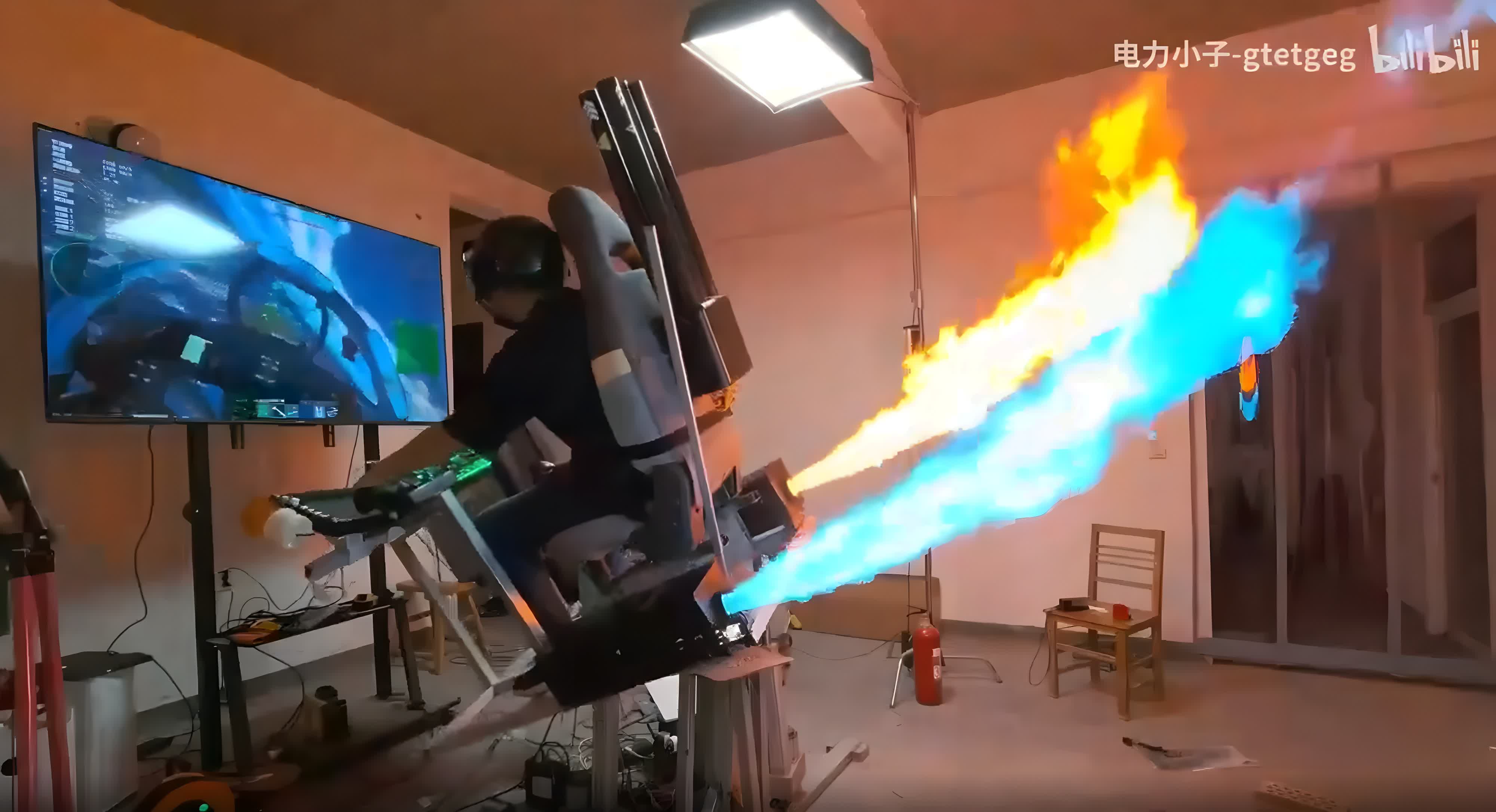 This incredible DIY flight sim cockpit features flaming afterburners, a pneumatic cannon, and firework rockets