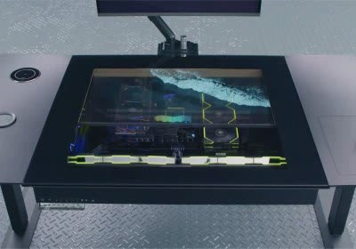 lian oled lian li prototype standing desk with video
