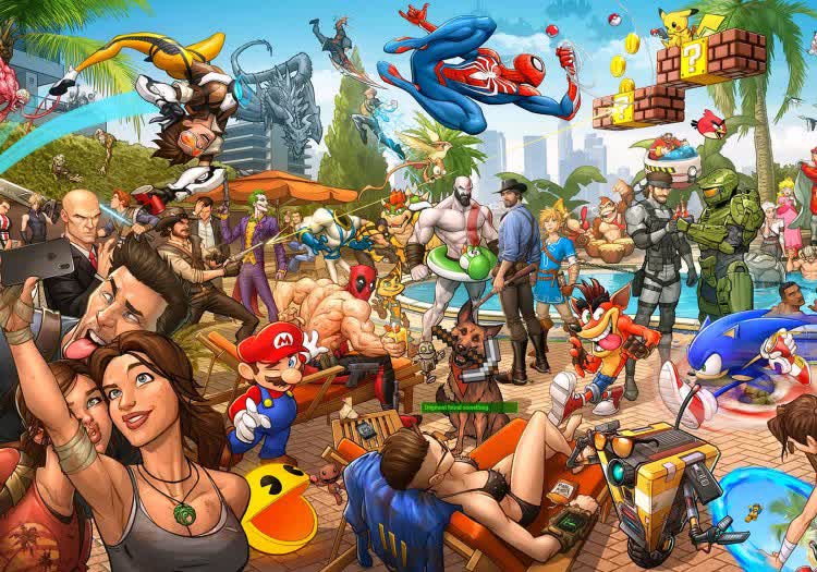 gaming popular franchise mario characters collage pool party